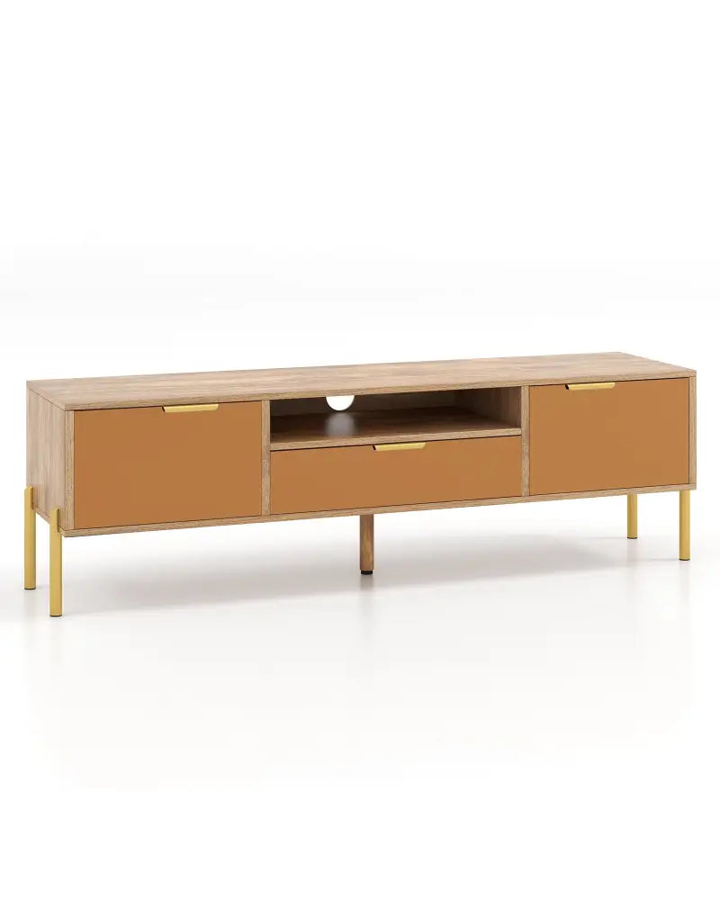 Mirrored TV Stand for TV up to 65 Inch with Spacious Tabletop and 2 Storage Cabinets-Natural - Natural - Entertainment