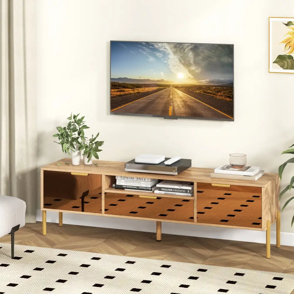Mirrored TV Stand for TV up to 65 Inch with Spacious Tabletop and 2 Storage Cabinets-Natural - Natural - Entertainment