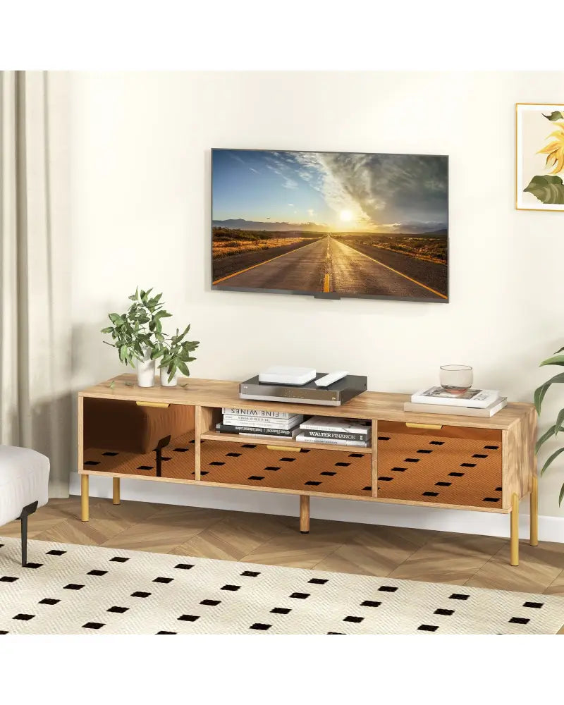 Mirrored TV Stand for TV up to 65 Inch with Spacious Tabletop and 2 Storage Cabinets-Natural - Natural - Entertainment