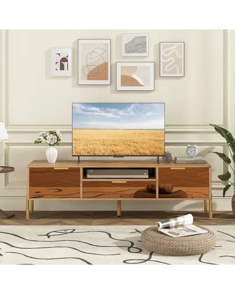 Mirrored TV Stand for TV up to 65 Inch with Spacious Tabletop and 2 Storage Cabinets-Natural - Natural - Entertainment