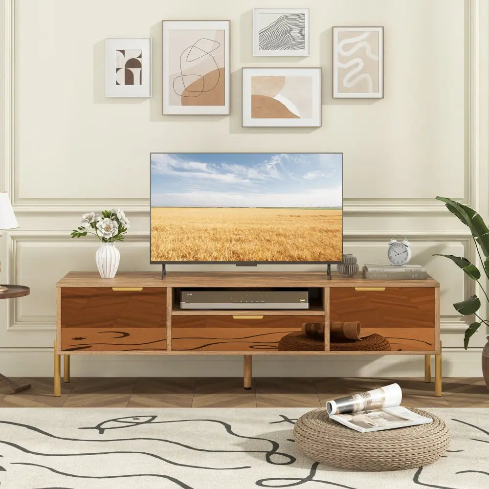 Mirrored TV Stand for TV up to 65 Inch with Spacious Tabletop and 2 Storage Cabinets-Natural - Natural - Entertainment