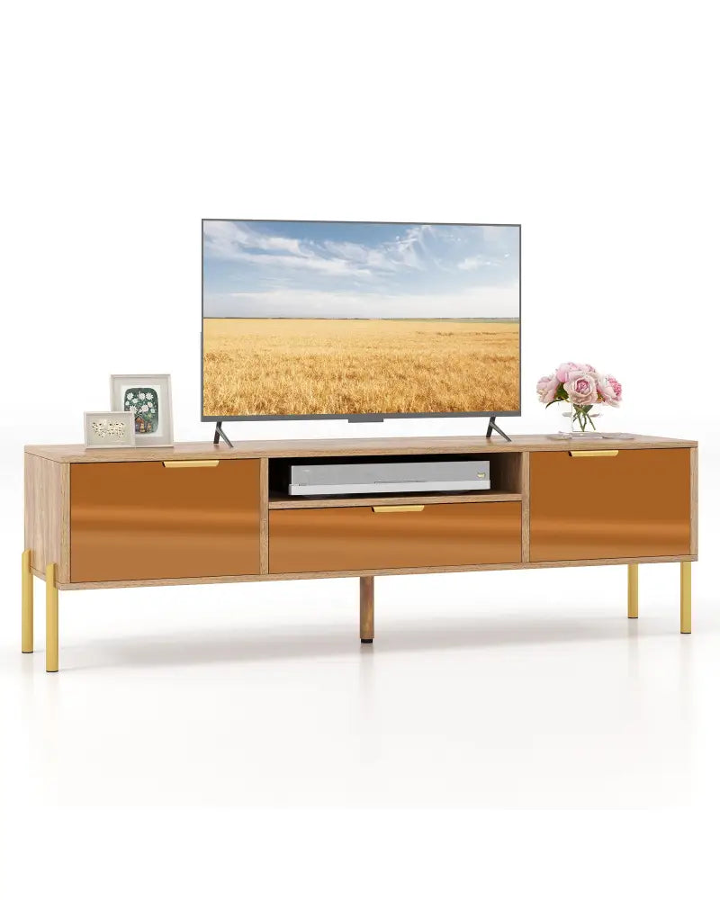 Mirrored TV Stand for TV up to 65 Inch with Spacious Tabletop and 2 Storage Cabinets-Natural - Natural - Entertainment