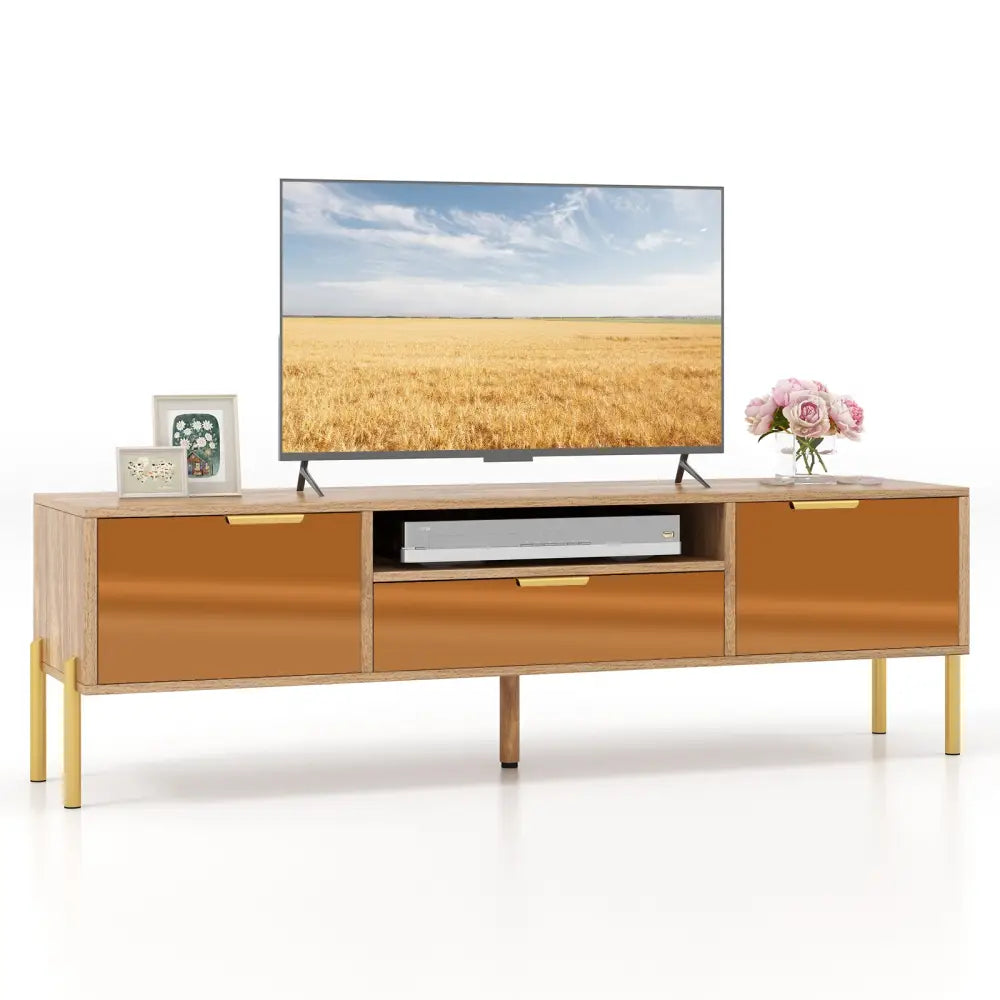 Mirrored TV Stand for TV up to 65 Inch with Spacious Tabletop and 2 Storage Cabinets-Natural - Natural - Entertainment
