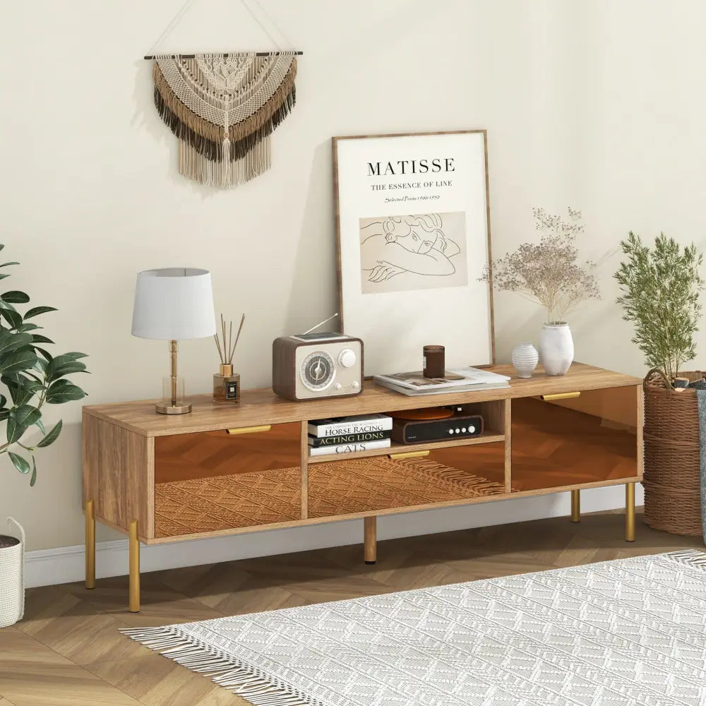 Mirrored TV Stand for TV up to 65 Inch with Spacious Tabletop and 2 Storage Cabinets-Natural - Natural - Entertainment