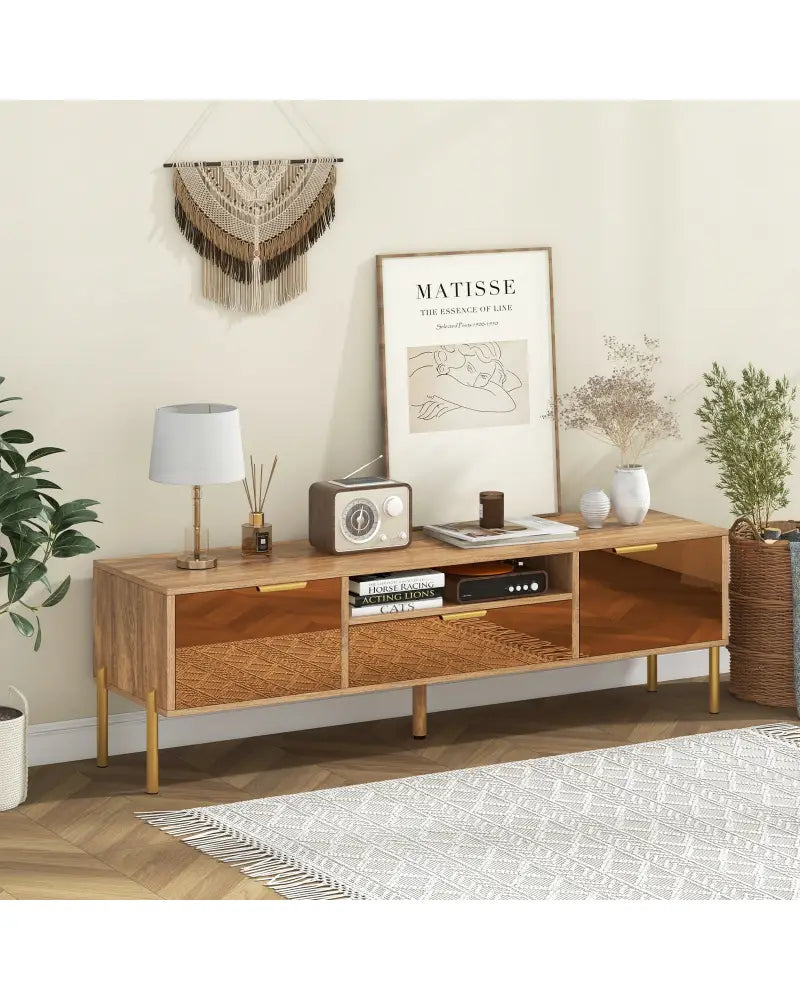 Mirrored TV Stand for TV up to 65 Inch with Spacious Tabletop and 2 Storage Cabinets-Natural - Natural - Entertainment