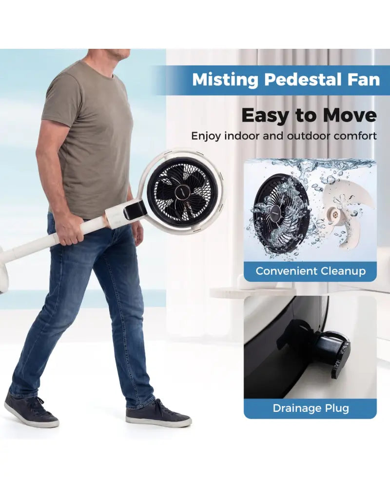 Misting Pedestal Fan Air Circulator with 90° Auto Oscillation Floor Standing Fan with 8 Speeds-White - White - Fans