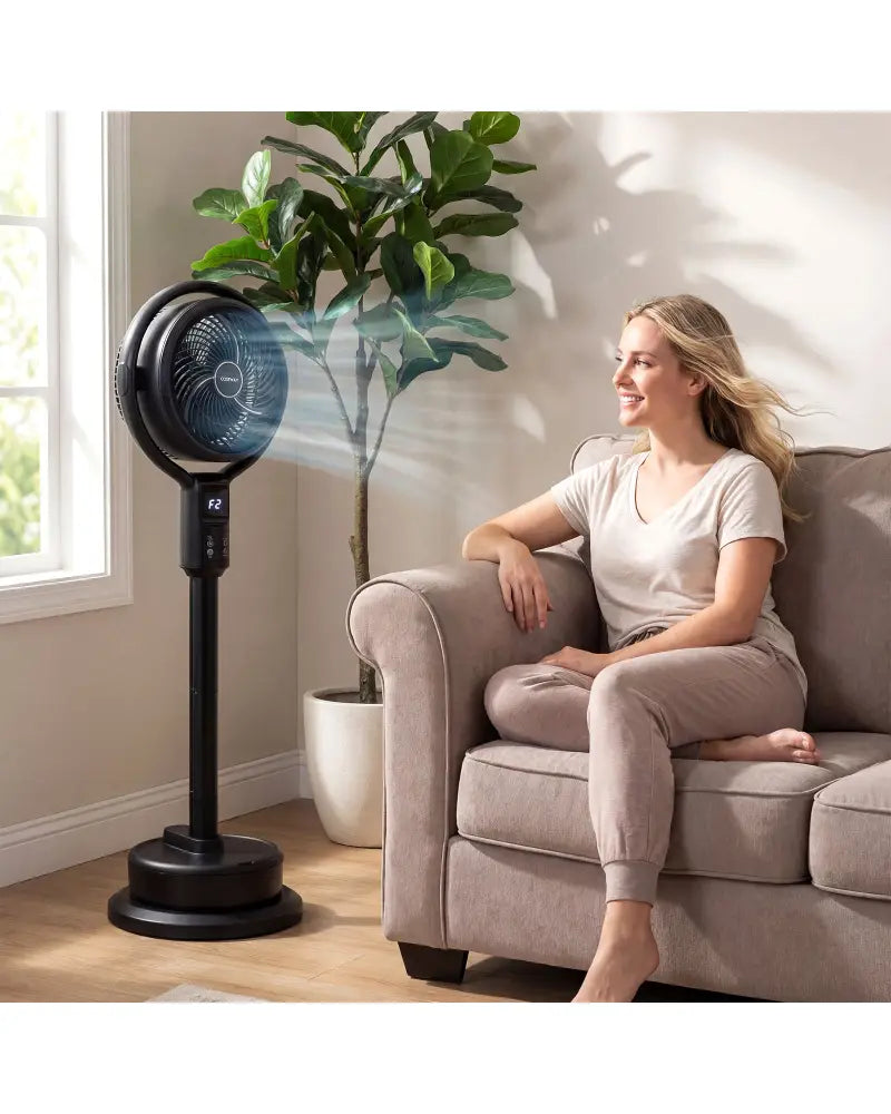 Misting Pedestal Fan Air Circulator with 90° Auto Oscillation Floor Standing Fan with 8 Speeds-Black - Black - Fans