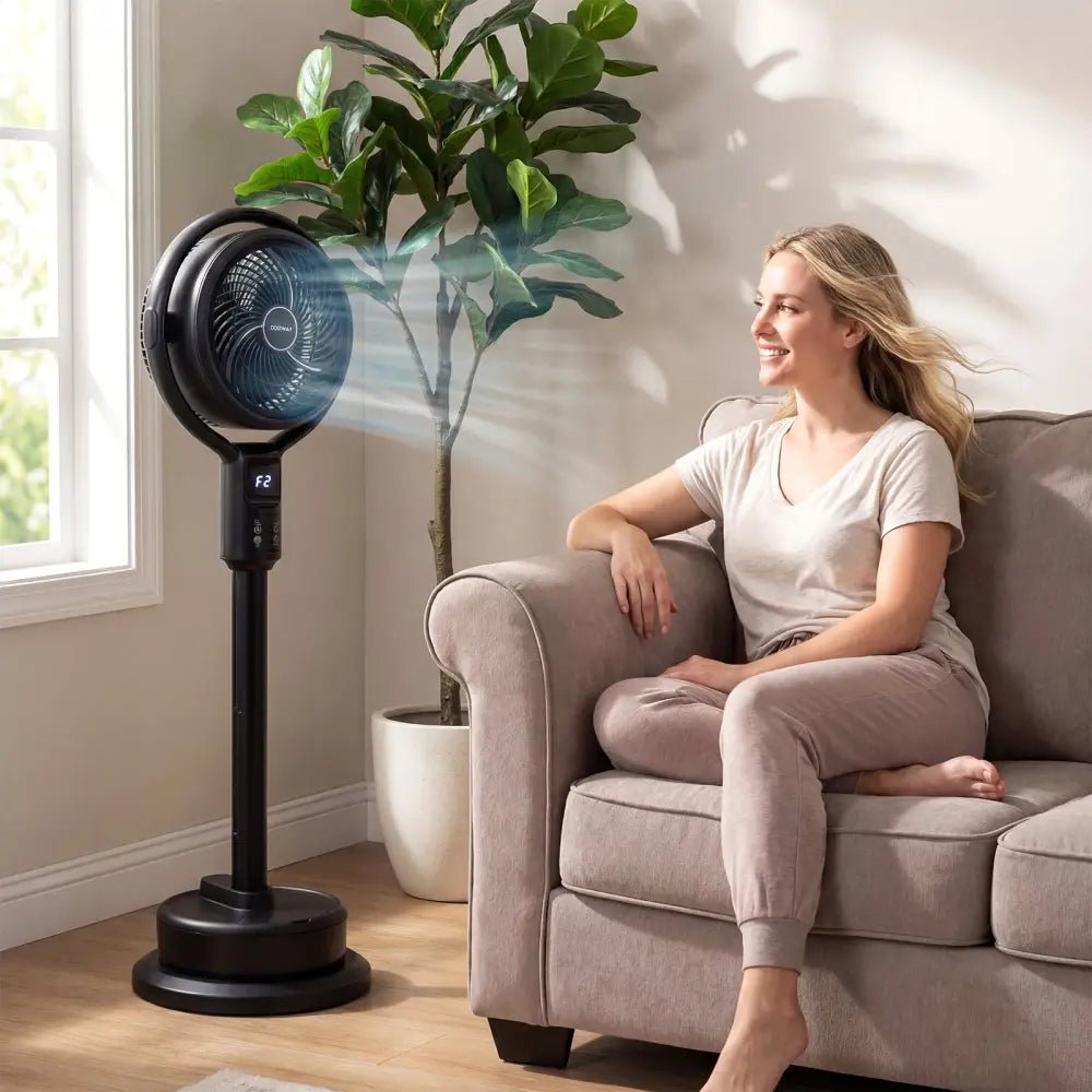 Misting Pedestal Fan Air Circulator with 90° Auto Oscillation Floor Standing Fan with 8 Speeds-Black - Black - Fans