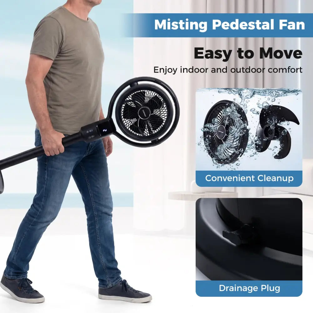 Misting Pedestal Fan Air Circulator with 90° Auto Oscillation Floor Standing Fan with 8 Speeds-Black - Black - Fans