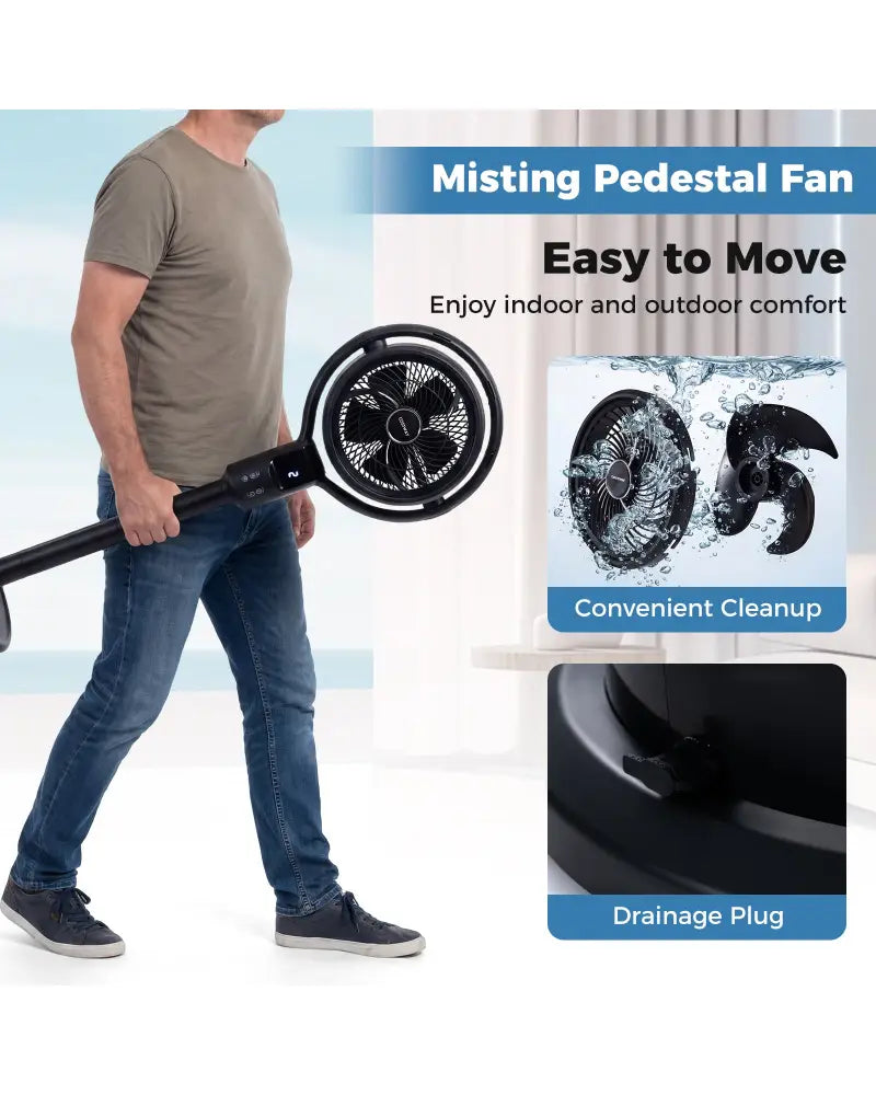 Misting Pedestal Fan Air Circulator with 90° Auto Oscillation Floor Standing Fan with 8 Speeds-Black - Black - Fans