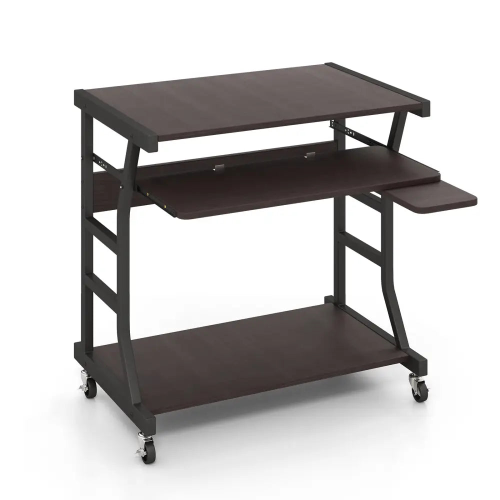 Mobile Computer Desk with Keyboard Tray Mouse Tray and Shelf-Dark Brown - Dark Brown - Computer Desks
