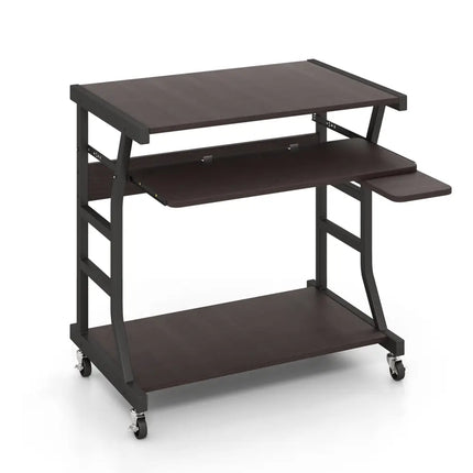 Mobile Computer Desk with Keyboard Tray Mouse Tray and Shelf-Dark Brown - Dark Brown - Computer Desks