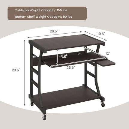 Mobile Computer Desk with Keyboard Tray Mouse Tray and Shelf-Dark Brown - Dark Brown - Computer Desks