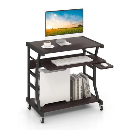 Mobile Computer Desk with Keyboard Tray Mouse Tray and Shelf-Dark Brown - Dark Brown - Computer Desks