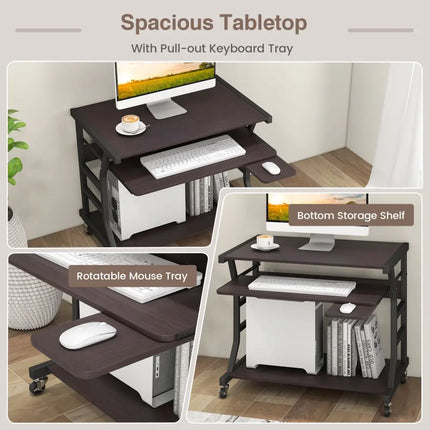 Mobile Computer Desk with Keyboard Tray Mouse Tray and Shelf-Dark Brown - Dark Brown - Computer Desks