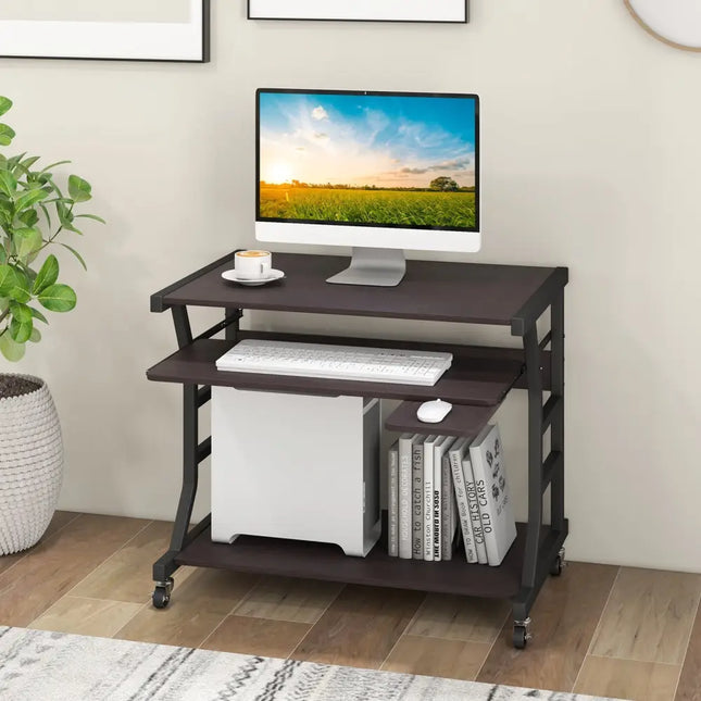 Mobile Computer Desk with Keyboard Tray Mouse Tray and Shelf-Dark Brown - Dark Brown - Computer Desks