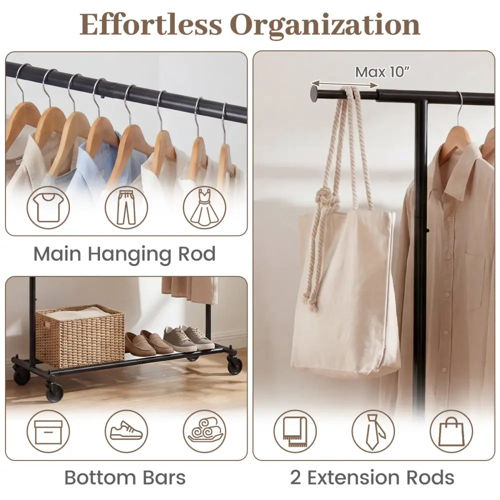 Mobile Garment Rack with Extendable Rods Heavy-Duty Metal Clothes Stand on Wheels - Clothing & Closet Storage