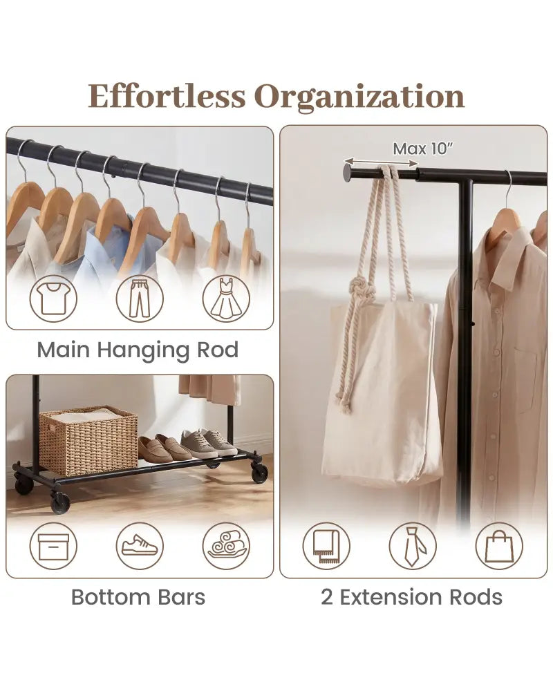 Mobile Garment Rack with Extendable Rods Heavy-Duty Metal Clothes Stand on Wheels - Clothing & Closet Storage
