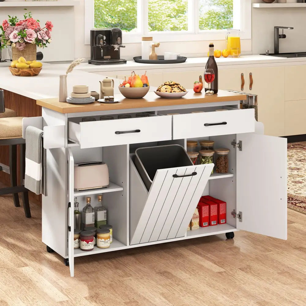 Mobile Kitchen Island Table with Trash Bag Storage for Dining Room-White - White - Kitchen Islands & Carts