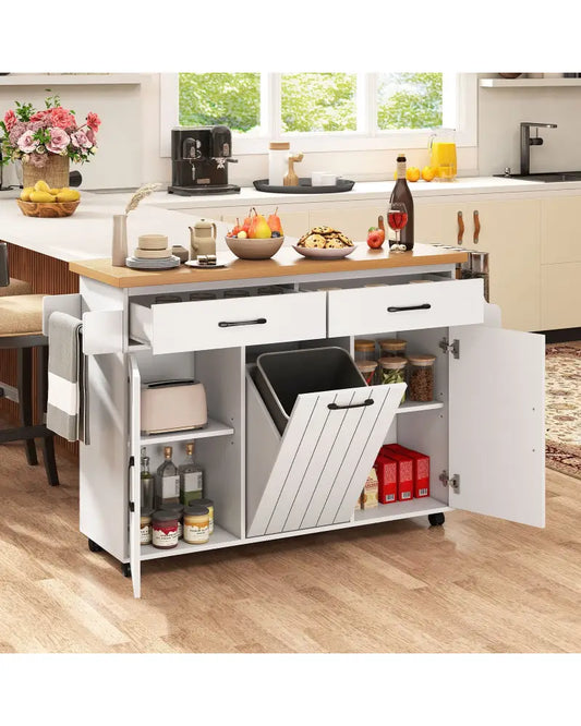 Mobile Kitchen Island Table with Trash Bag Storage for Dining Room-White - White - Kitchen Islands & Carts