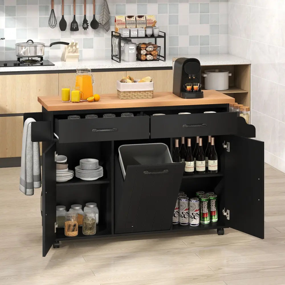 Mobile Kitchen Island Table with Trash Bag Storage for Dining Room-Black - Black - Kitchen Islands & Carts