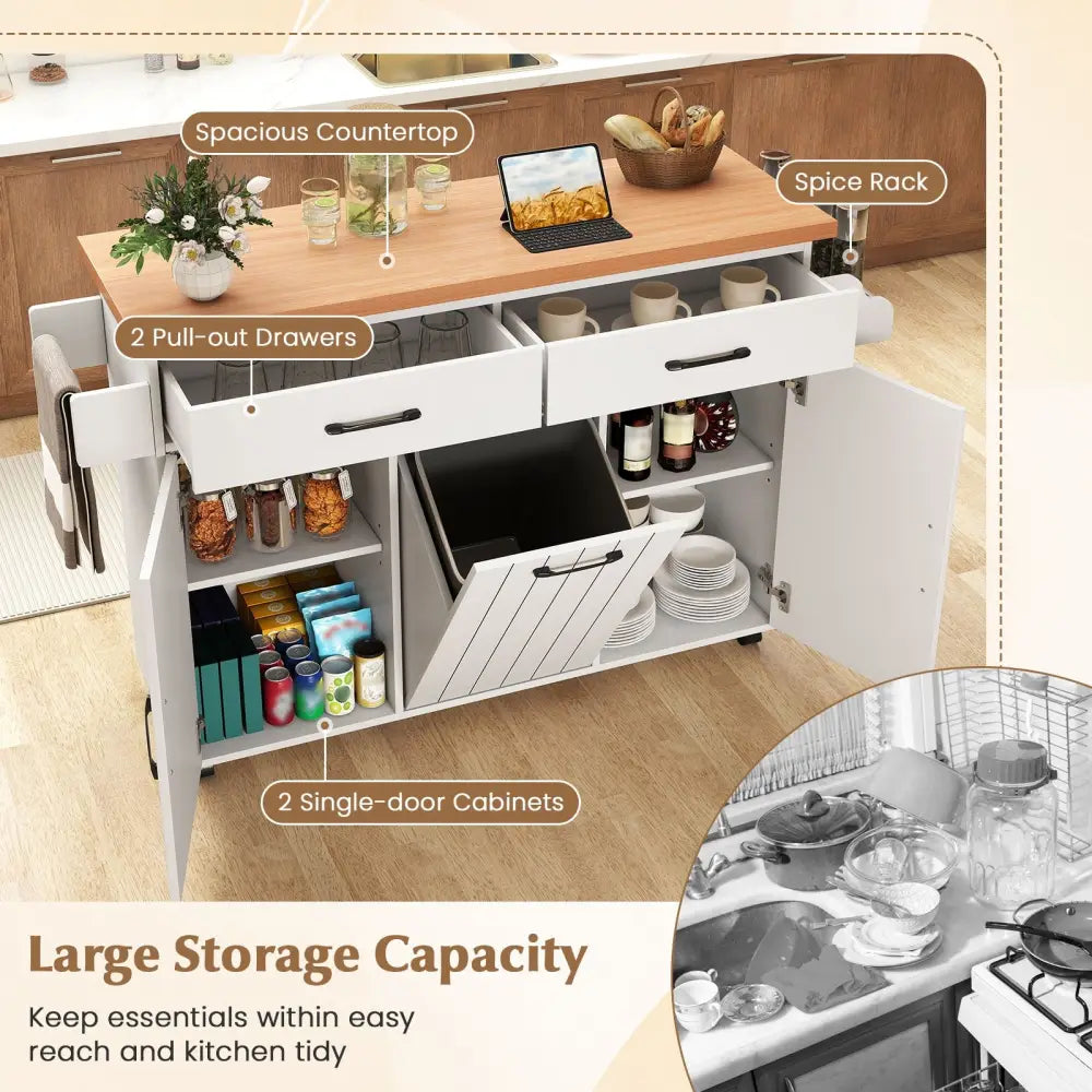 Mobile Kitchen Island Table with Trash Bag Storage for Dining Room-White - White - Kitchen Islands & Carts