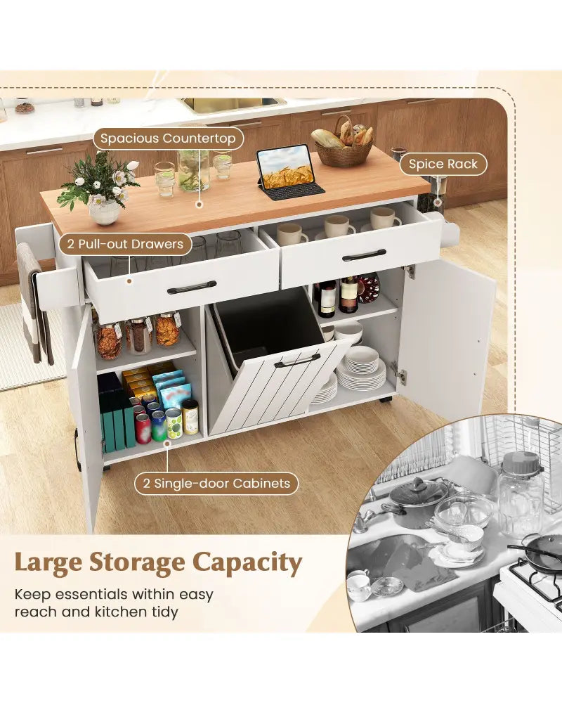 Mobile Kitchen Island Table with Trash Bag Storage for Dining Room-White - White - Kitchen Islands & Carts