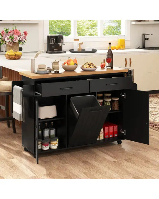 Mobile Kitchen Island Table with Trash Bag Storage for Dining Room-Black - Black - Kitchen Islands & Carts