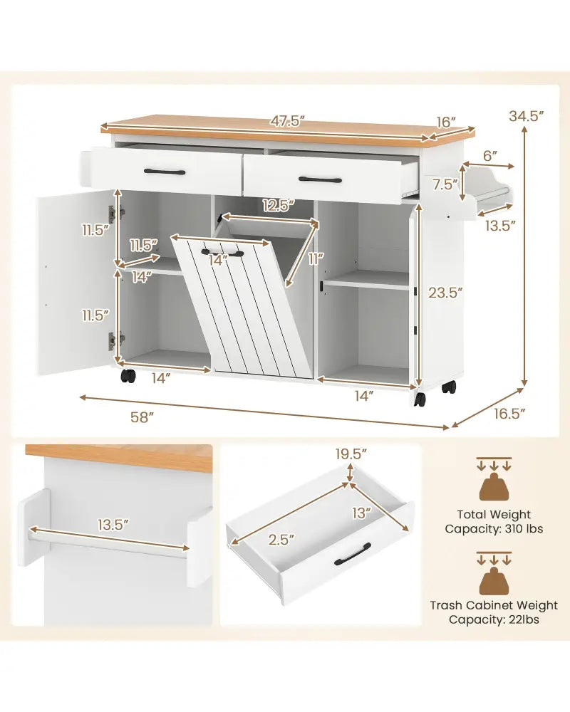 Mobile Kitchen Island Table with Trash Bag Storage for Dining Room-White - White - Kitchen Islands & Carts