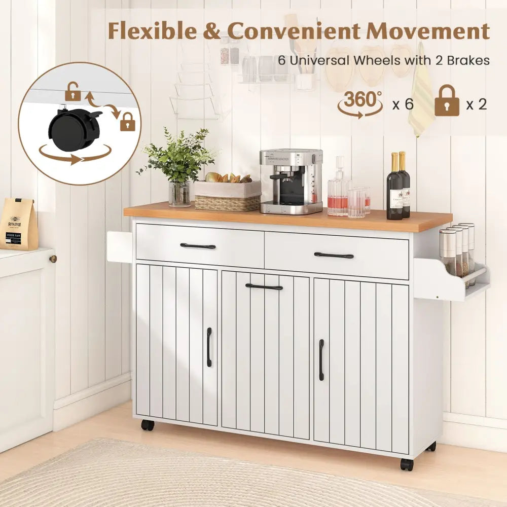 Mobile Kitchen Island Table with Trash Bag Storage for Dining Room-White - White - Kitchen Islands & Carts