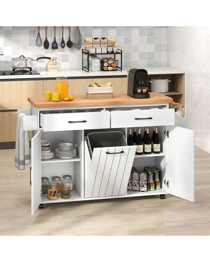Mobile Kitchen Island Table with Trash Bag Storage for Dining Room-White - White - Kitchen Islands & Carts