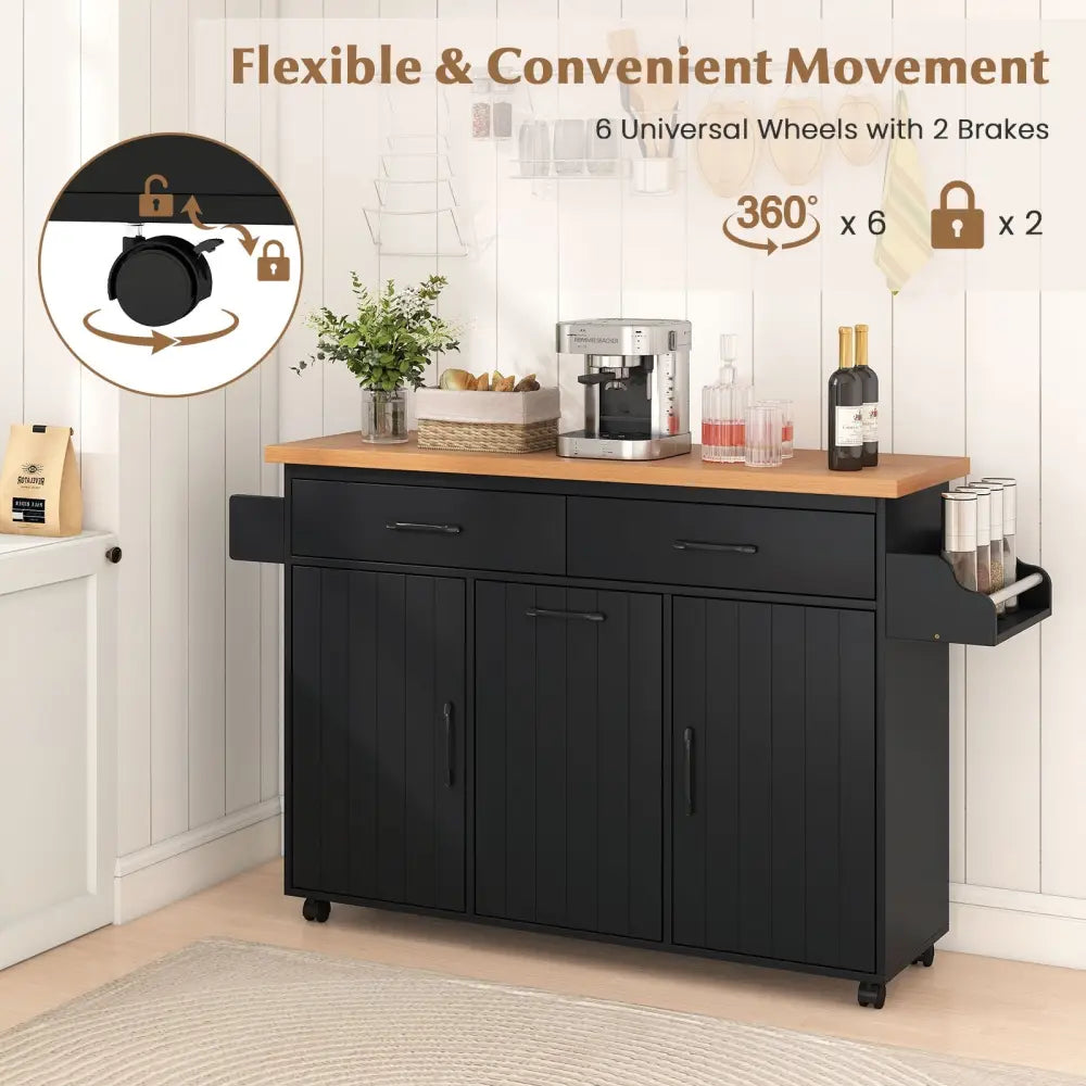 Mobile Kitchen Island Table with Trash Bag Storage for Dining Room-Black - Black - Kitchen Islands & Carts