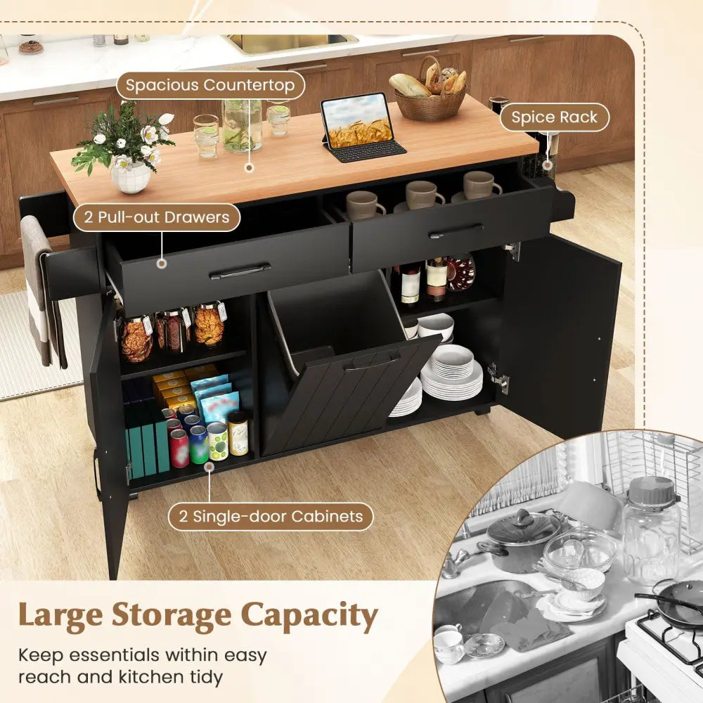 Mobile Kitchen Island Table with Trash Bag Storage for Dining Room-Black - Black - Kitchen Islands & Carts