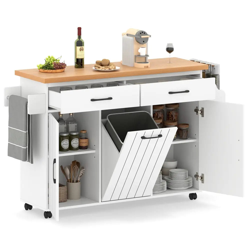 Mobile Kitchen Island Table with Trash Bag Storage for Dining Room-White - White - Kitchen Islands & Carts