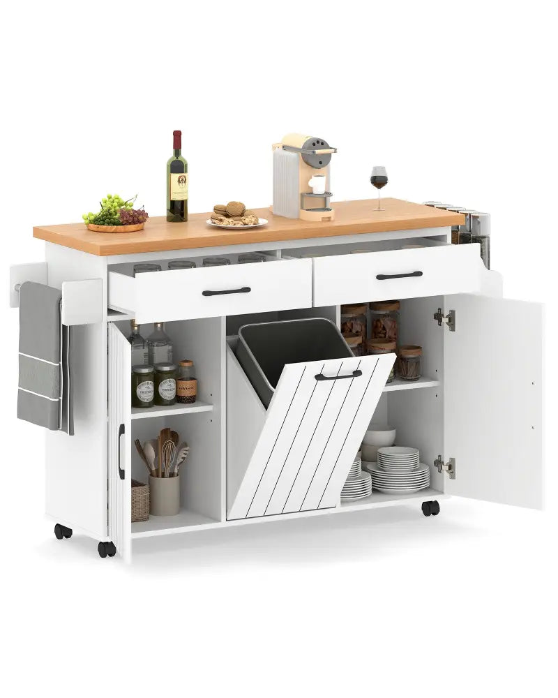 Mobile Kitchen Island Table with Trash Bag Storage for Dining Room-White - White - Kitchen Islands & Carts