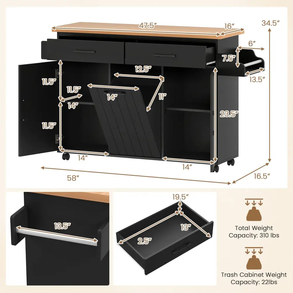 Mobile Kitchen Island Table with Trash Bag Storage for Dining Room-Black - Black - Kitchen Islands & Carts