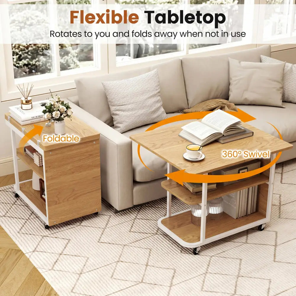 Mobile Night Stand with Foldable Swivel Top and 2-Tier Shelf for Small Spaces-Natural - Gray - End & Side Tables
