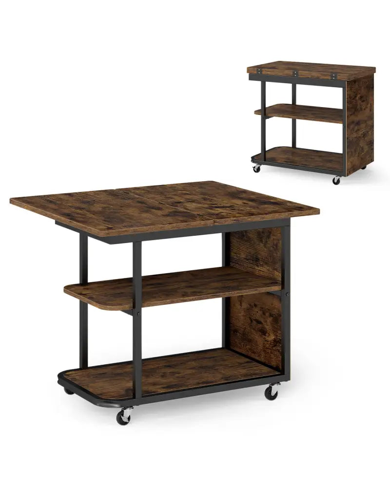 Mobile Night Stand with Foldable Swivel Top and 2-Tier Shelf for Small Spaces-Rustic Brown - Rustic Brown - End & Side