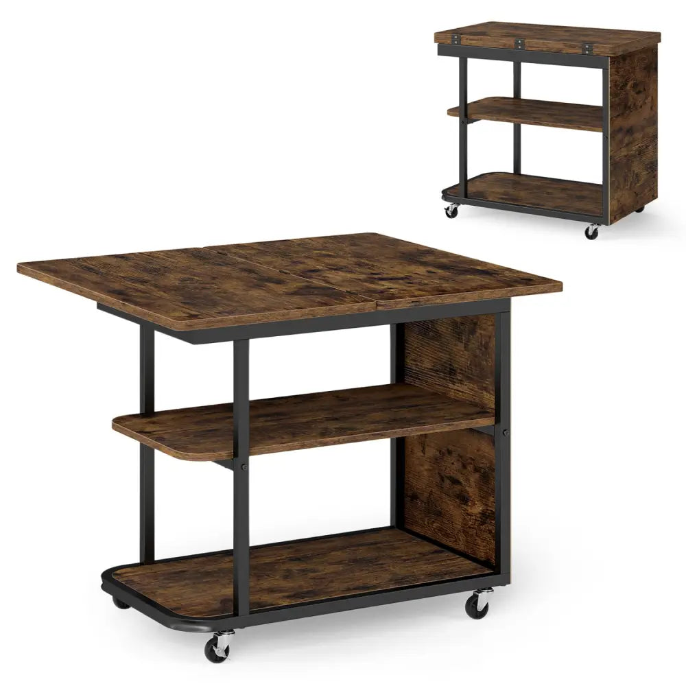 Mobile Night Stand with Foldable Swivel Top and 2-Tier Shelf for Small Spaces-Rustic Brown - Rustic Brown - End & Side