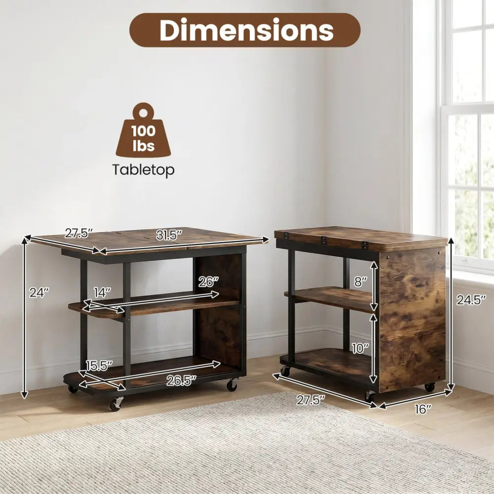 Mobile Night Stand with Foldable Swivel Top and 2-Tier Shelf for Small Spaces-Rustic Brown - Rustic Brown - End & Side
