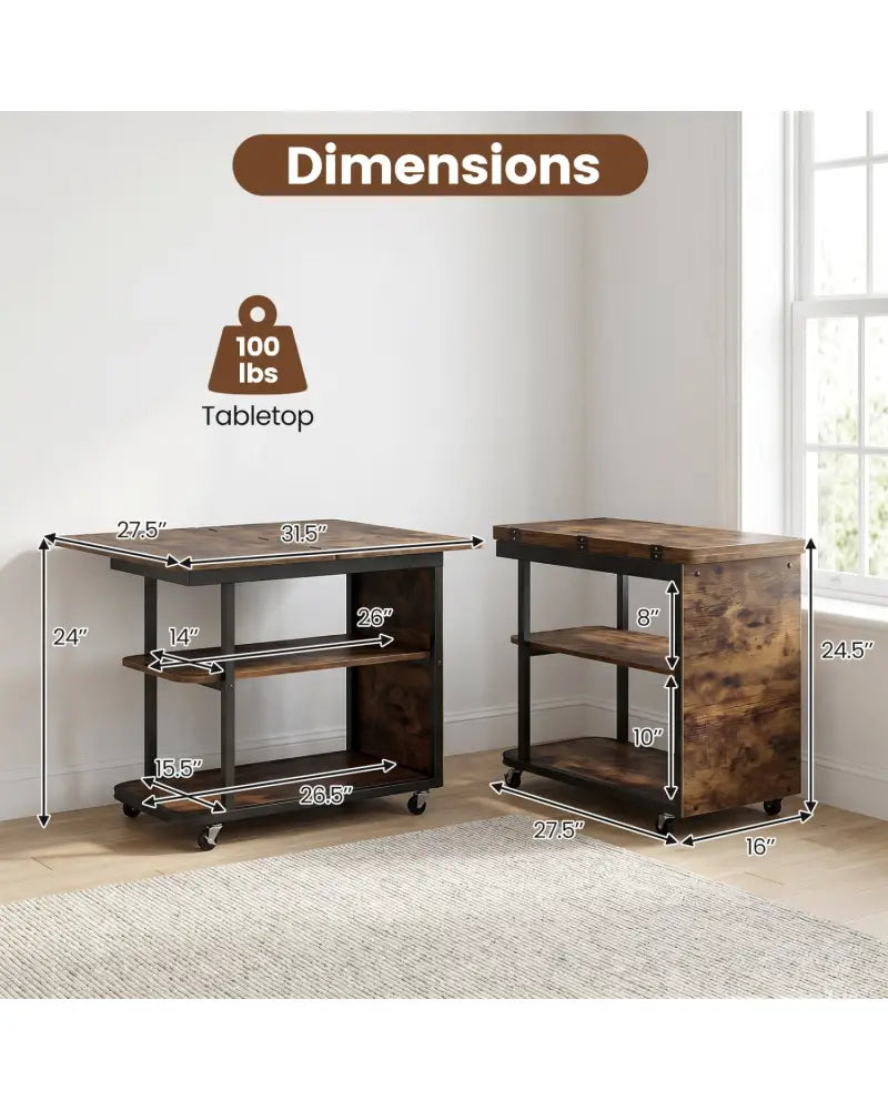 Mobile Night Stand with Foldable Swivel Top and 2-Tier Shelf for Small Spaces-Rustic Brown - Rustic Brown - End & Side
