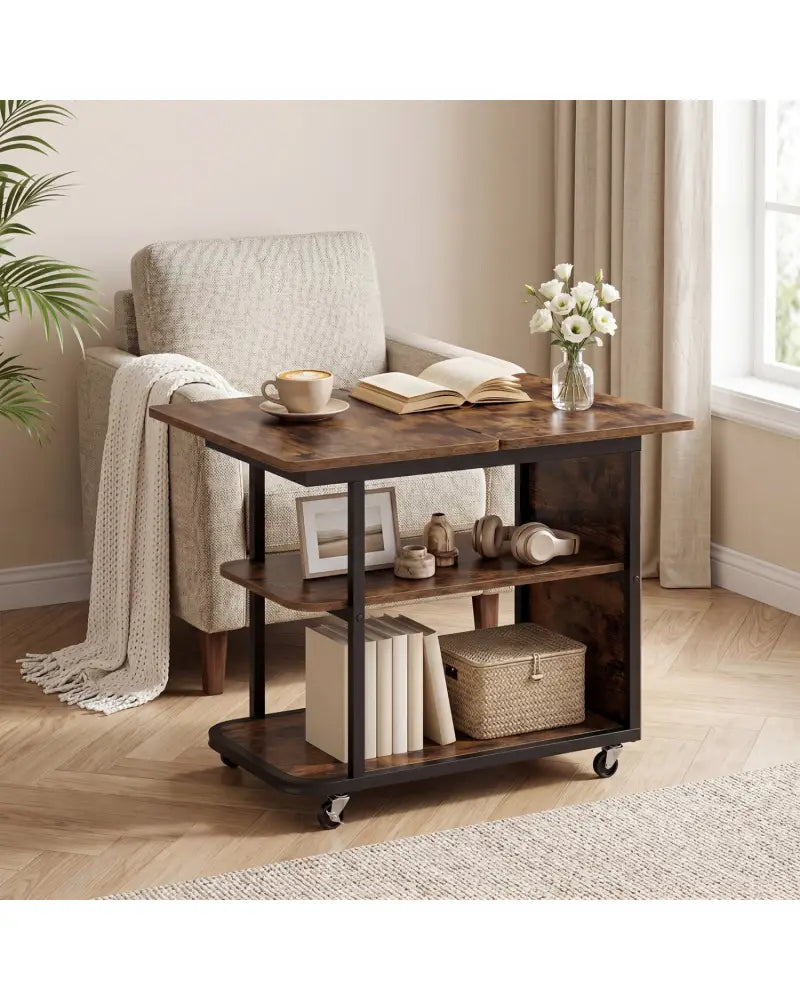 Mobile Night Stand with Foldable Swivel Top and 2-Tier Shelf for Small Spaces-Rustic Brown - Rustic Brown - End & Side