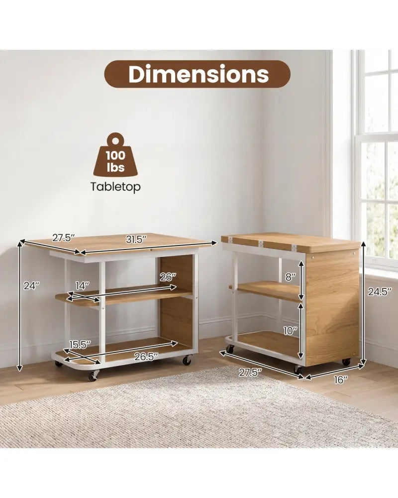 Mobile Night Stand with Foldable Swivel Top and 2-Tier Shelf for Small Spaces-Natural - Gray - End & Side Tables