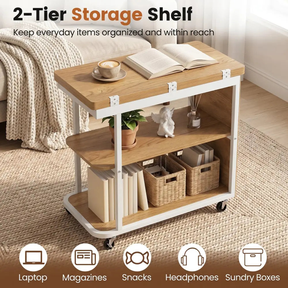 Mobile Night Stand with Foldable Swivel Top and 2-Tier Shelf for Small Spaces-Natural - Gray - End & Side Tables