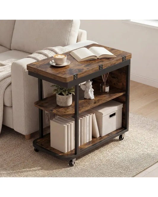 Mobile Night Stand with Foldable Swivel Top and 2-Tier Shelf for Small Spaces-Rustic Brown - Rustic Brown - End & Side