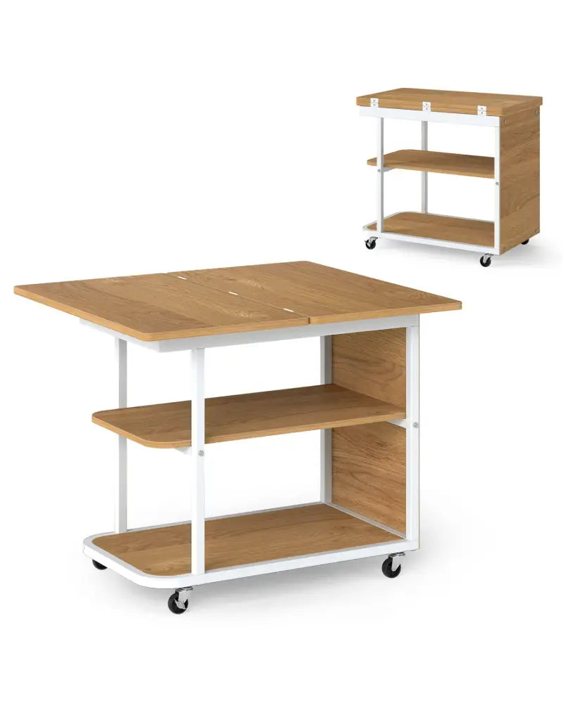 Mobile Night Stand with Foldable Swivel Top and 2-Tier Shelf for Small Spaces-Natural - Gray - End & Side Tables