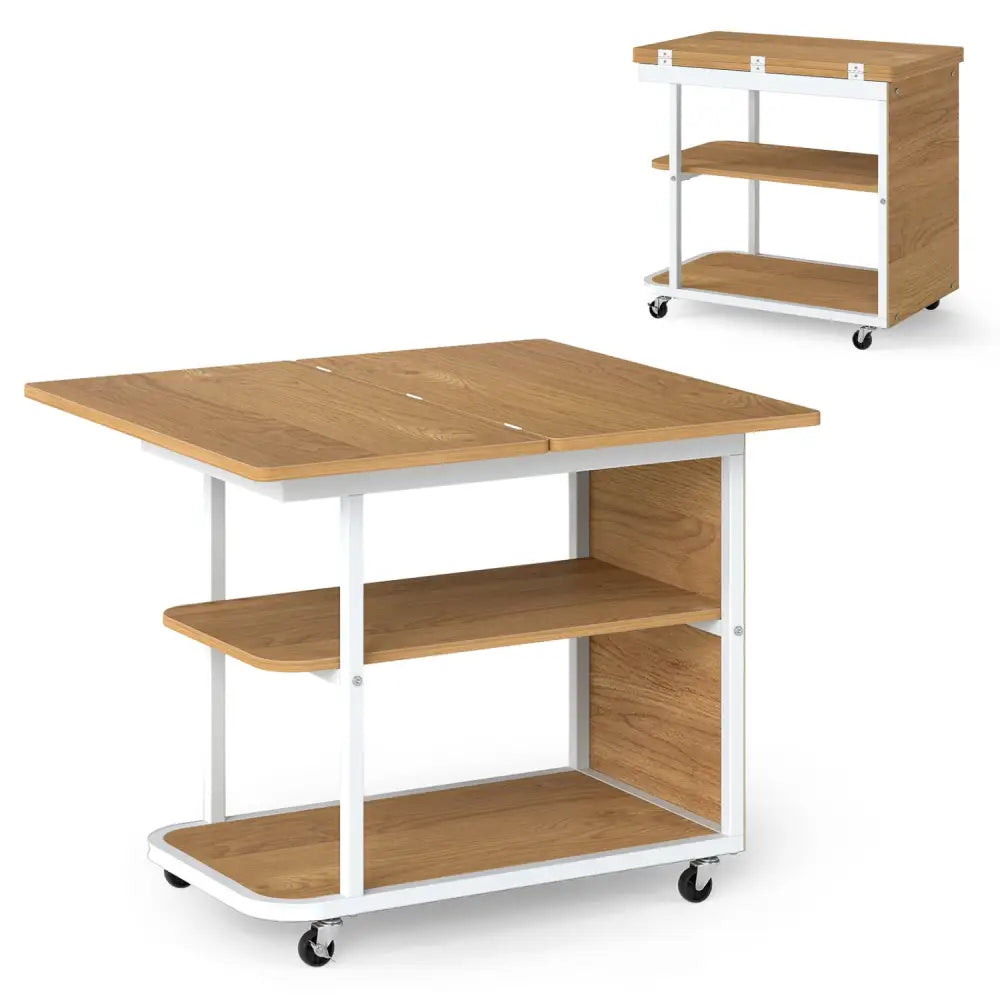 Mobile Night Stand with Foldable Swivel Top and 2-Tier Shelf for Small Spaces-Natural - Gray - End & Side Tables