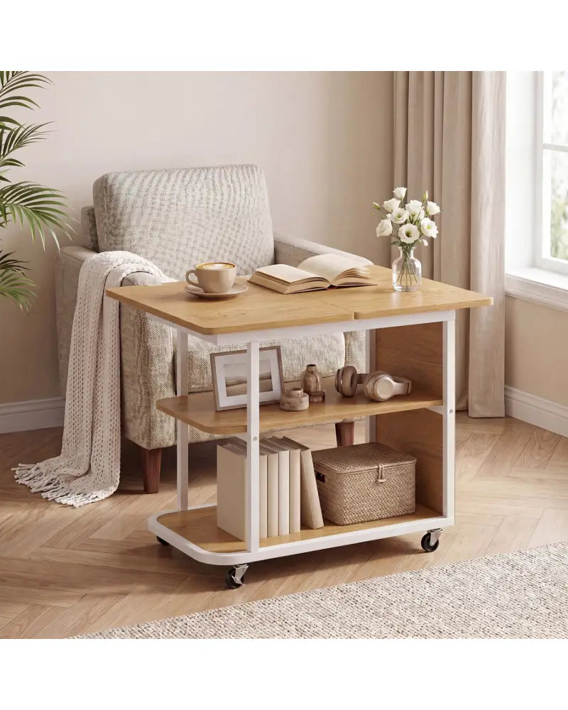 Mobile Night Stand with Foldable Swivel Top and 2-Tier Shelf for Small Spaces-Natural - Gray - End & Side Tables