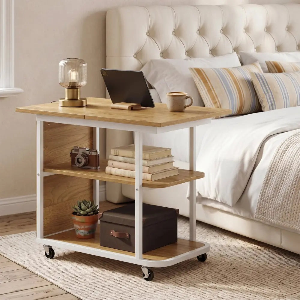 Mobile Night Stand with Foldable Swivel Top and 2-Tier Shelf for Small Spaces-Natural - Gray - End & Side Tables