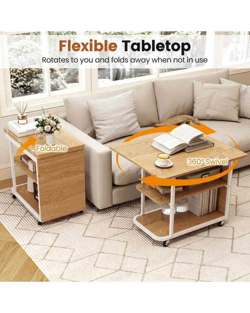 Mobile Night Stand with Foldable Swivel Top and 2-Tier Shelf for Small Spaces-Natural - Gray - End & Side Tables